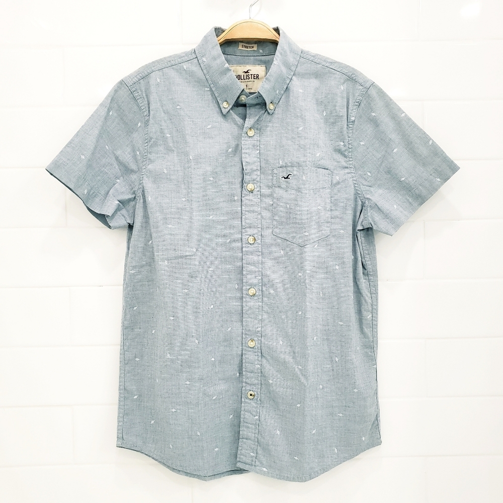 Hollister Gray White Geometric Print Casual Button Down Shirt Sz S